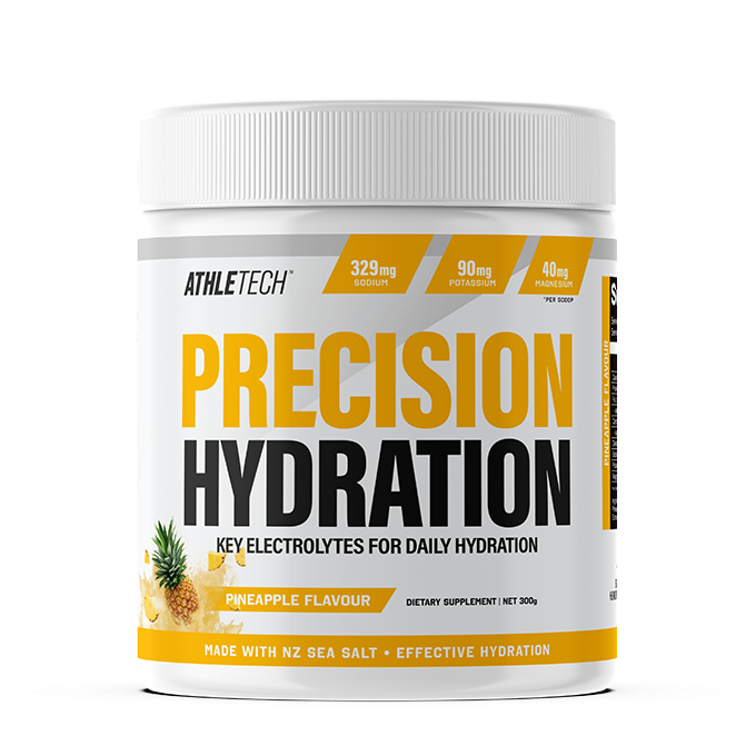 Athletech Precision Hydration supplement container with pineapple flavor on a white background