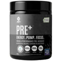 Pre-workout supplement container with black lid and gray body on a white background