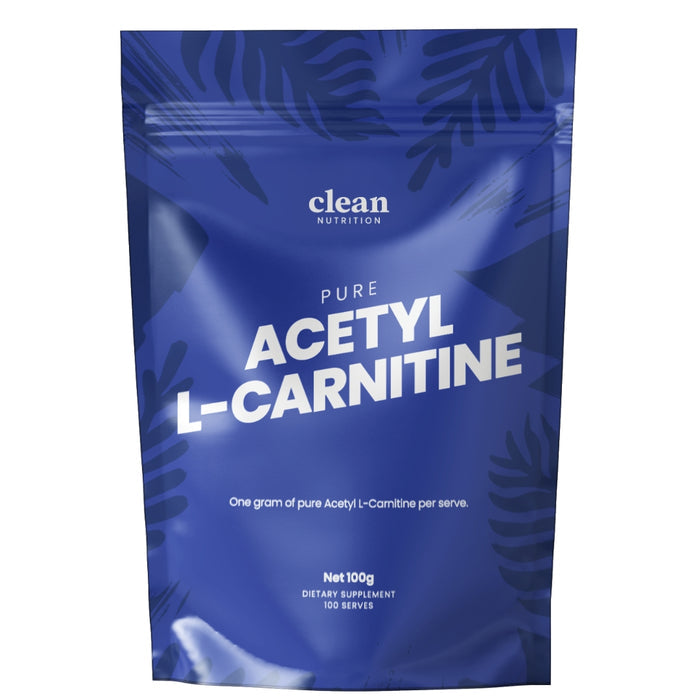 Blue package of pure acetyl L-carnitine by clean nutrition on a white background