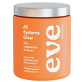 Orange supplement jar with silver lid labeled 'All Systems Glow' by Eve Wellness on a white background