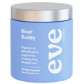 Blue container with silver lid labeled 'Bloat Buddy' by Eve on a white background