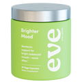 Green supplement container with silver lid labeled 'Brighter Mood' by Eve on a white background