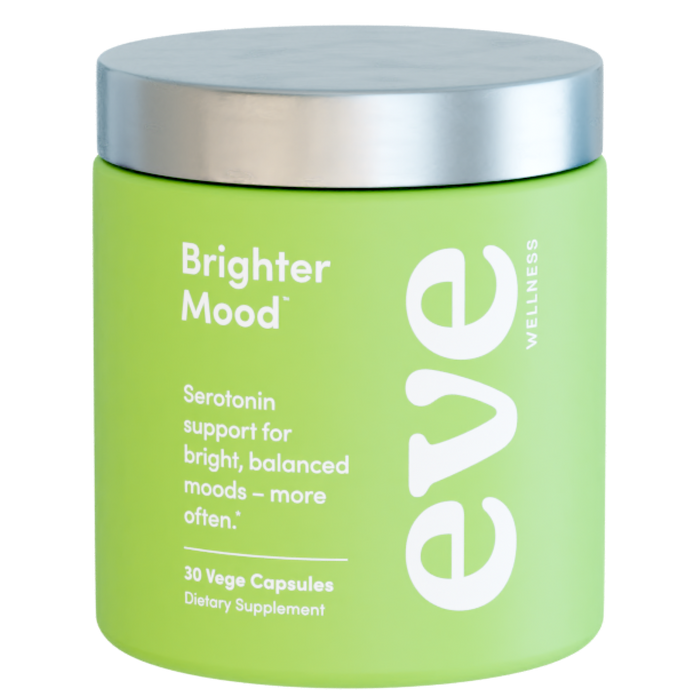 Green supplement container with silver lid labeled 'Brighter Mood' by Eve on a white background