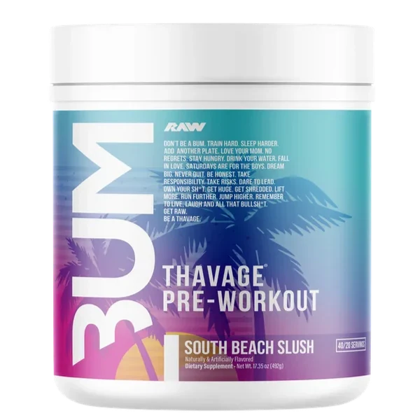 Pre-workout supplement container with 'BUM' branding on a white background