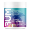 Pre-workout supplement container with 'BUM' branding on a white background