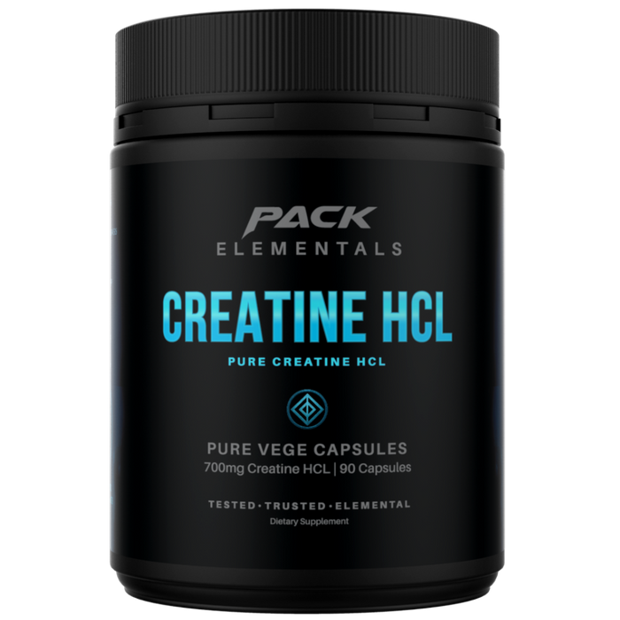 Black container of Pack Elementals Creatine HCL on a white background