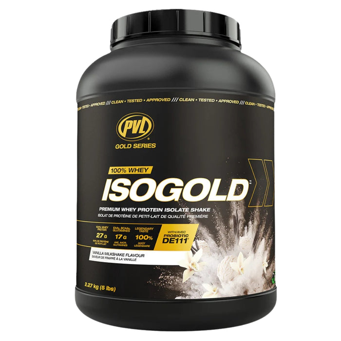 ISOGOLD protein powder container on a white background
