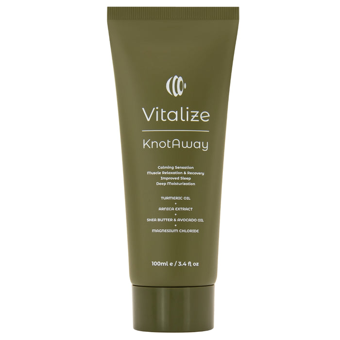 Green tube of Vitalize KnotAway on a white background